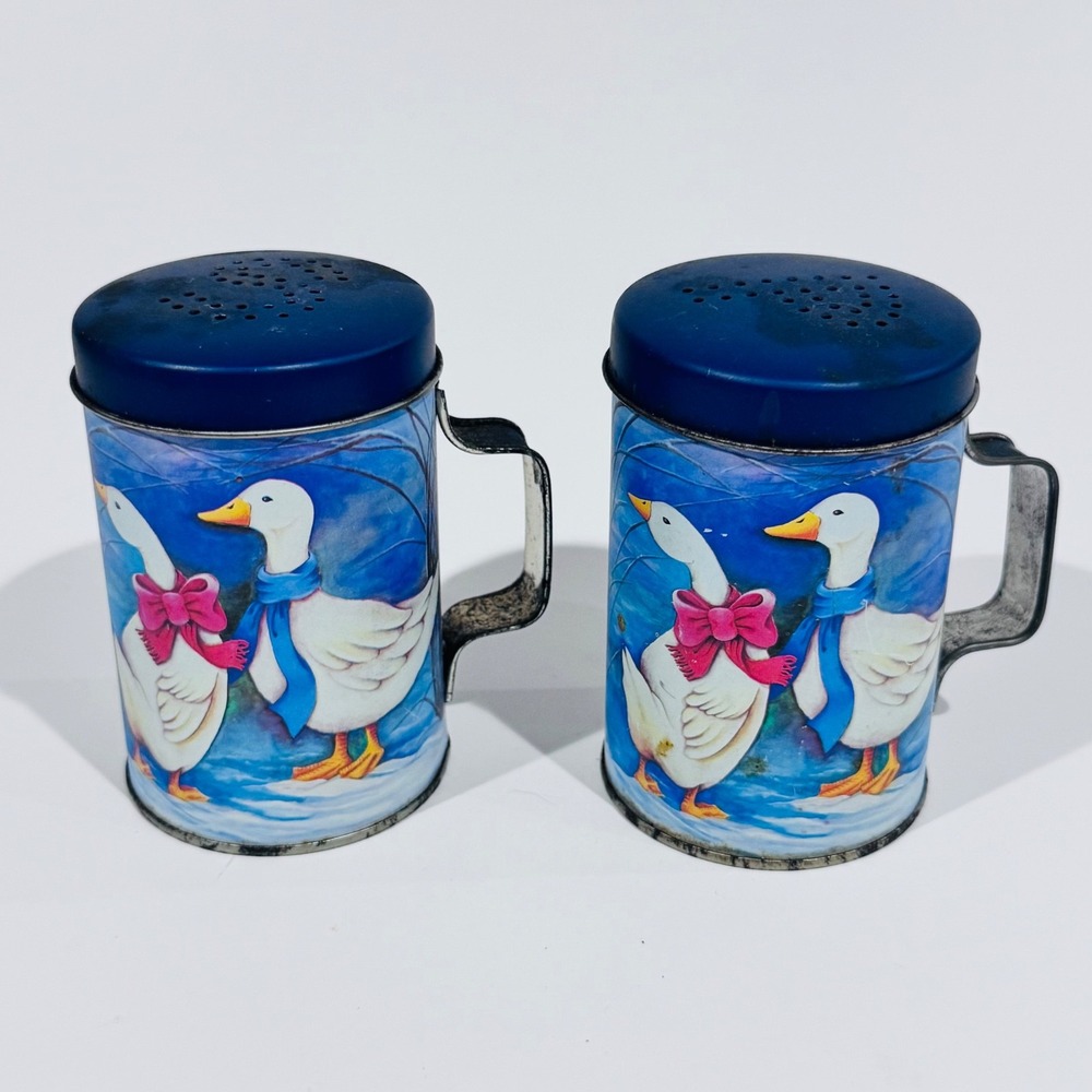 Vintage JSNY Tin Salt & Pepper‎ Shakers w/Handles Country Geese Winter Scene EUC